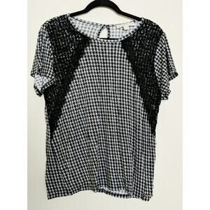 Michael Kors Houndstooth Lace S/S Top Tee Black White L
